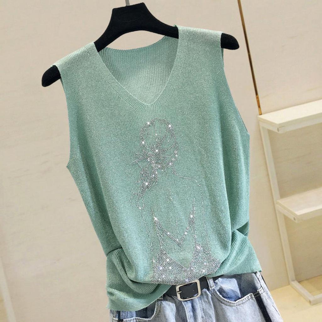 2023 Shiny Silk Sleeveless V-Neck Women's Vest - Spring/Summer New Style, Loose Fit with Hot Diamond Sling Knitted Design