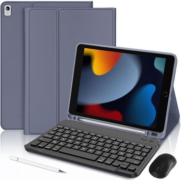 Coque Clavier pour iPad 10,2 Pouces (7/8/9ème Génération) Violet avec Clavier Bluetooth + Souris + Stylet