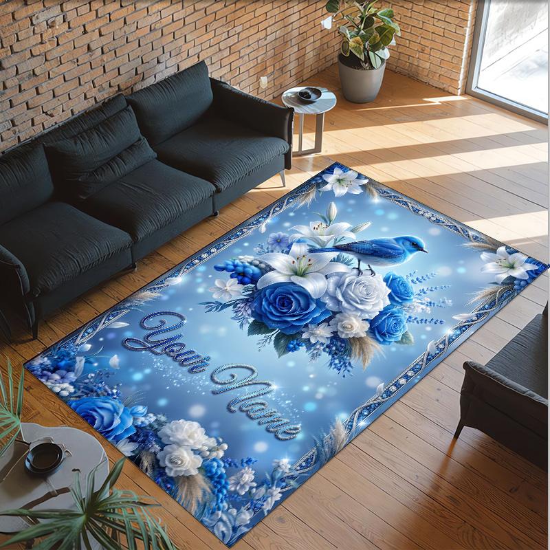 Birds Theme Crystal Velvet Floor Rug Personalized Custom Name Text Warm Carpet Home Decoration