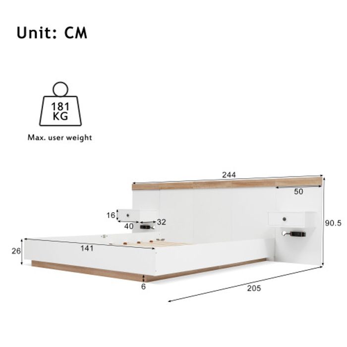 Ensemble pour lit double avec 2 tables de chevet LED et prise USB Lit C140 x 200 cm,2 tables de chevet Ensemble blanc (sans matelas)