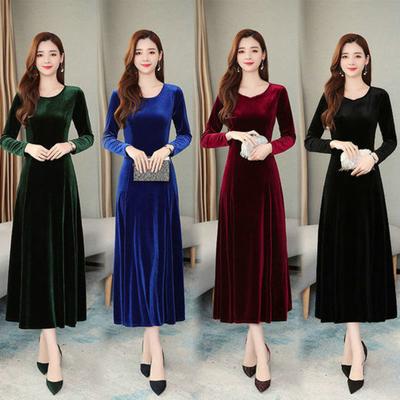 Women Fall Winter Dress Big Swing Solid Color Round Neck Long Sleeve A-line Soft Warm Thick Pullover Lady Prom Party Evening Dress
