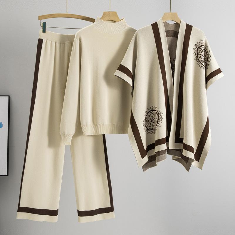 Winter suit design sense color matching long-sleeved versatile high-waisted wide-leg pants sweater knitted cardigan three-piece set women