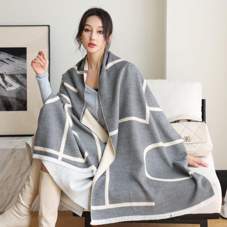 New blended wool scarf women's autumn and winter double-sided letter jacquard shawl high-end versatile thickened scarf shawl