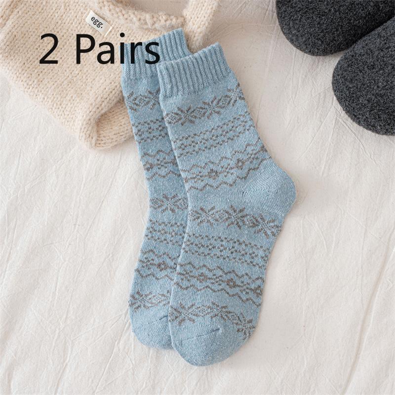 2 Pairs of Autumn-winter Retro Fair Isle Snowflake Wool Socks - Children's Mid-calf Socks, Thick and Warm, Versatile and Suitable for All Occasions.