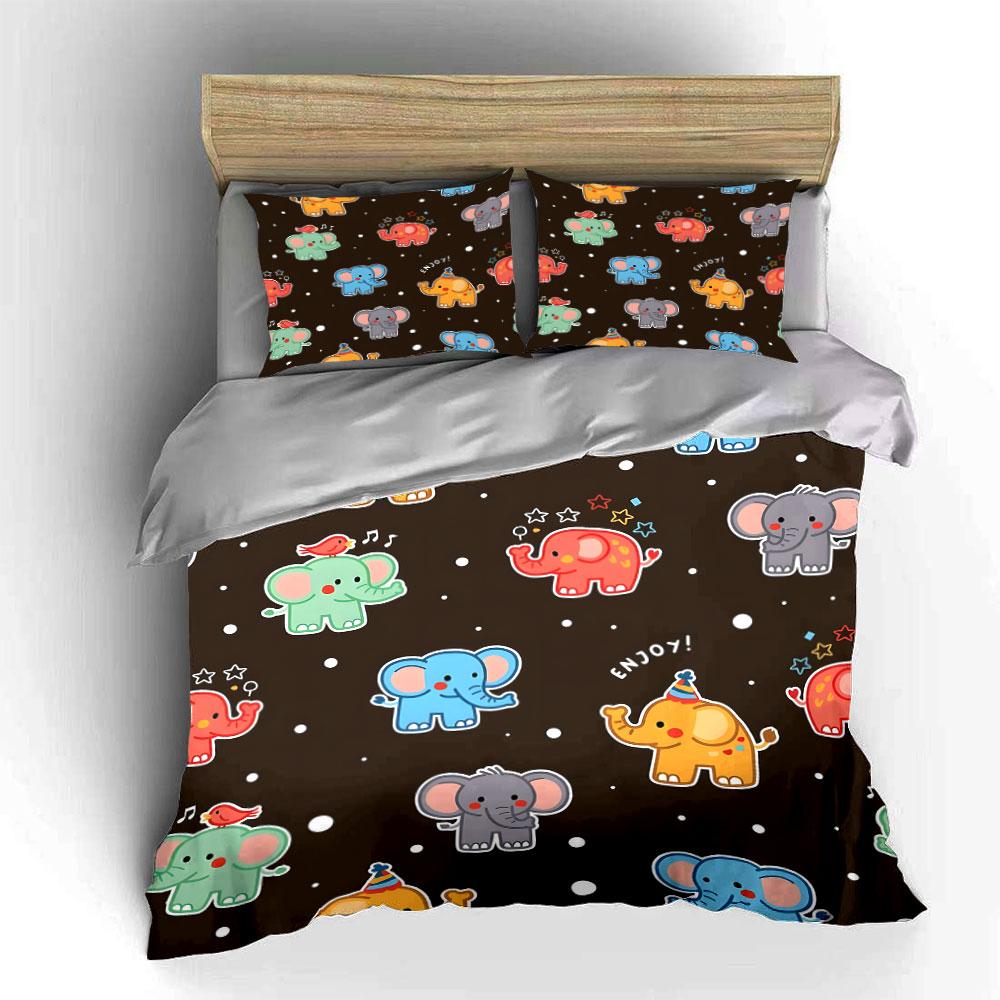 Cartoon Colorful Elephants with Decorations Print Bedding Set 1 Duvet Cover 2 Pillowcases for Adult and Children Luxury Gift