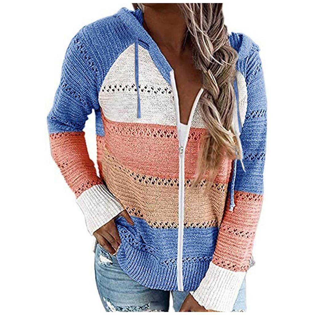 Womens Zip Up Color Block Hoodie Sweaters Long Sleeve Cardigan Sweatshirts