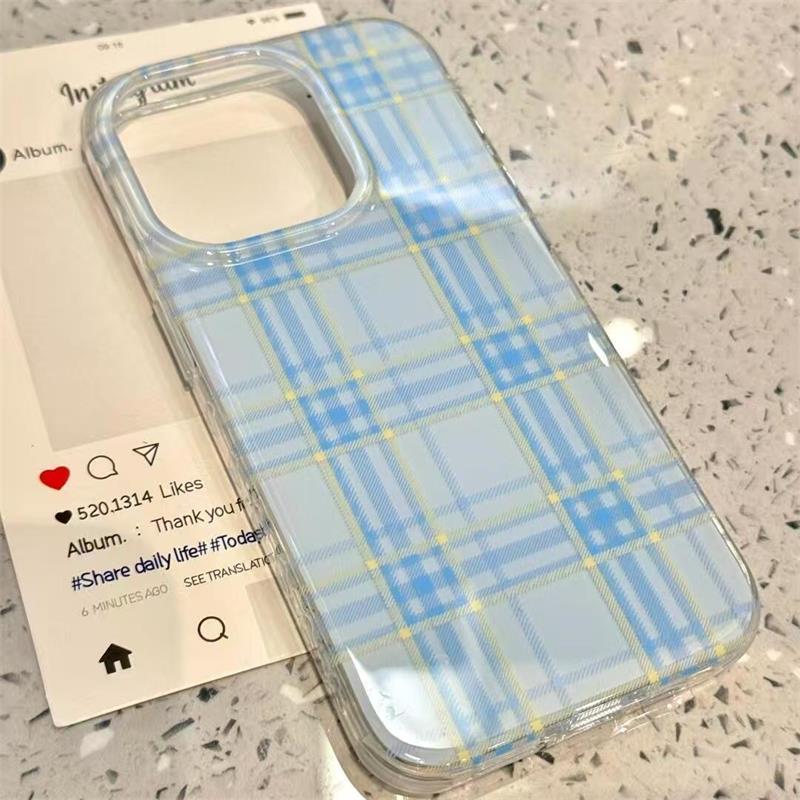 INS Korean Lovely Blue Check Phone Case For iPhone 16 15 14 13 12 11 Pro Max 16E 7 8 Plus X XR XS Max SE Shockproof Back Cover