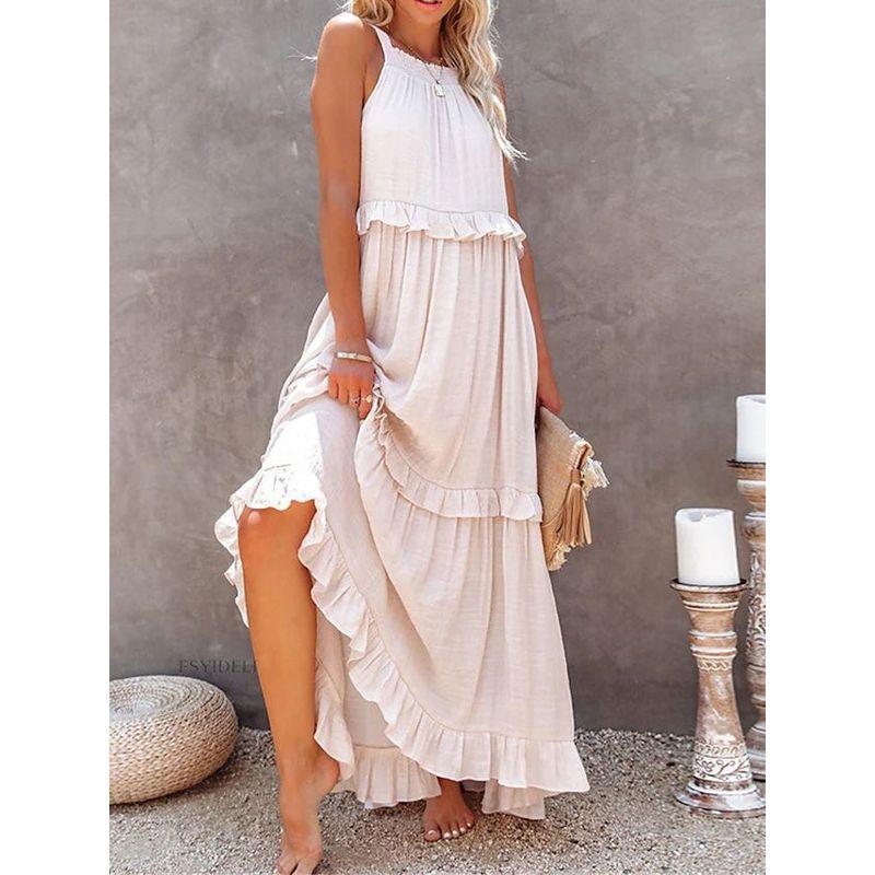 Long Dress European American Summer New Vacation Style Ruffles Wide Hem Flowy Beach Dress Long Dress Women
