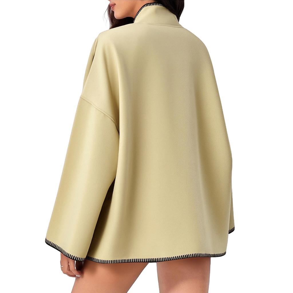 Women's Stand-up Collar Wool Coat, Loose Fit, Contrasting Stitching, Button Closure, Short Wool Blend Jacket With Pockets.