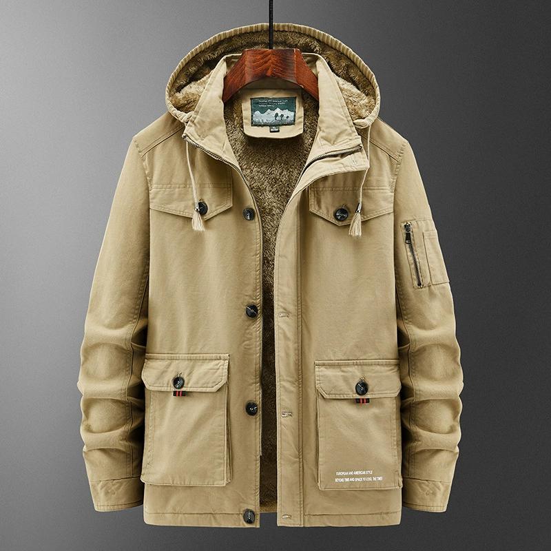 Autumn Winter Cotton Jacket Men's Oversized and Plush Thick Coat Workwear Jacket Multi Pocket Hooded Jacket