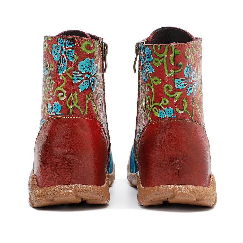 Johnature Damen-Stiefeletten im Ethno-Stil, handgefertigt, aus echtem Leder, mit Kontrastdruck, zum Schnüren, flache Schuhe, kurze Stiefel