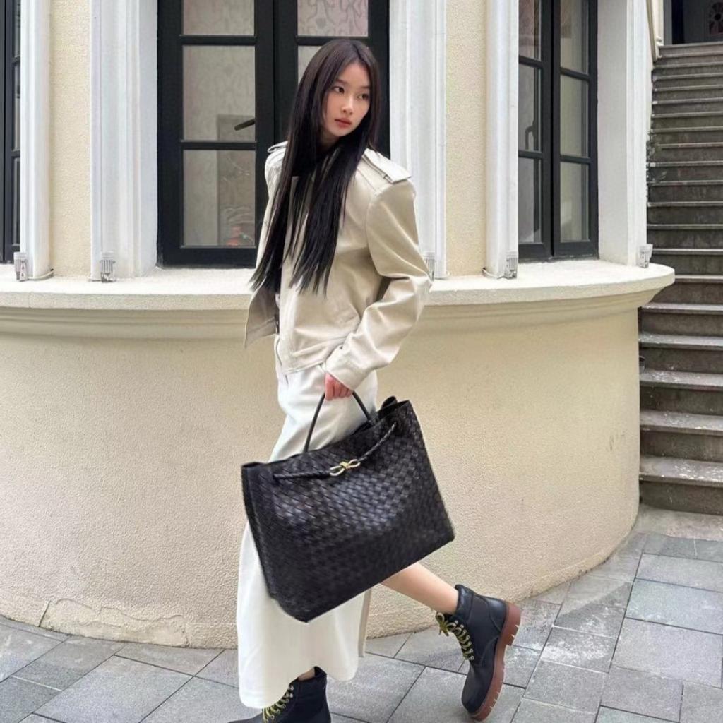 oversized bow metal rope buckle cowhide woven bag women's autumn and winter new leather large-capacity handbag