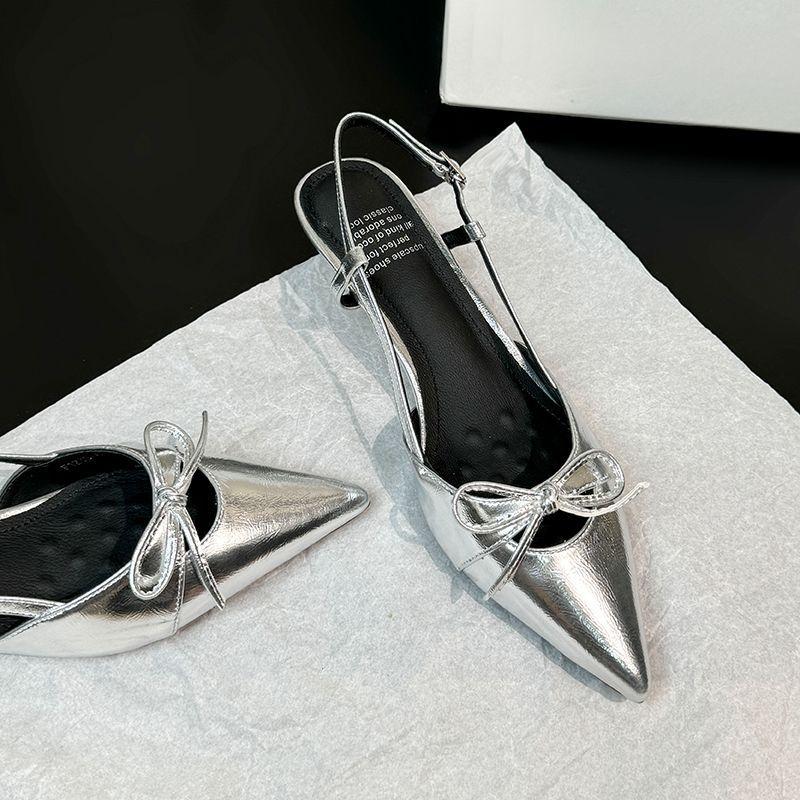 French silver bow bag head sandals women's 2025 summer absolute child thin heel empty single shoes pointed high heels