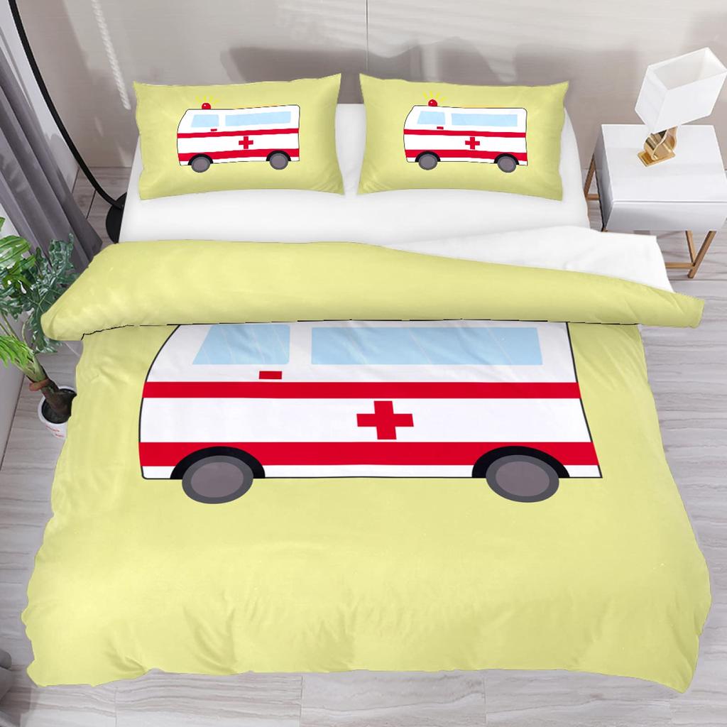 Ambulance Car King Queen Duvet Cover White Cartoon Medical Car Bedding Set For Kid Hospital Rescue Vehicle Polyester Quilt Cover