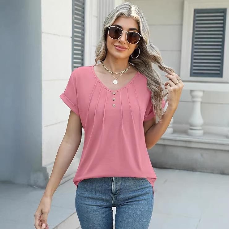 Women's V-neck Pleated Button Short Sleeve Casual Top