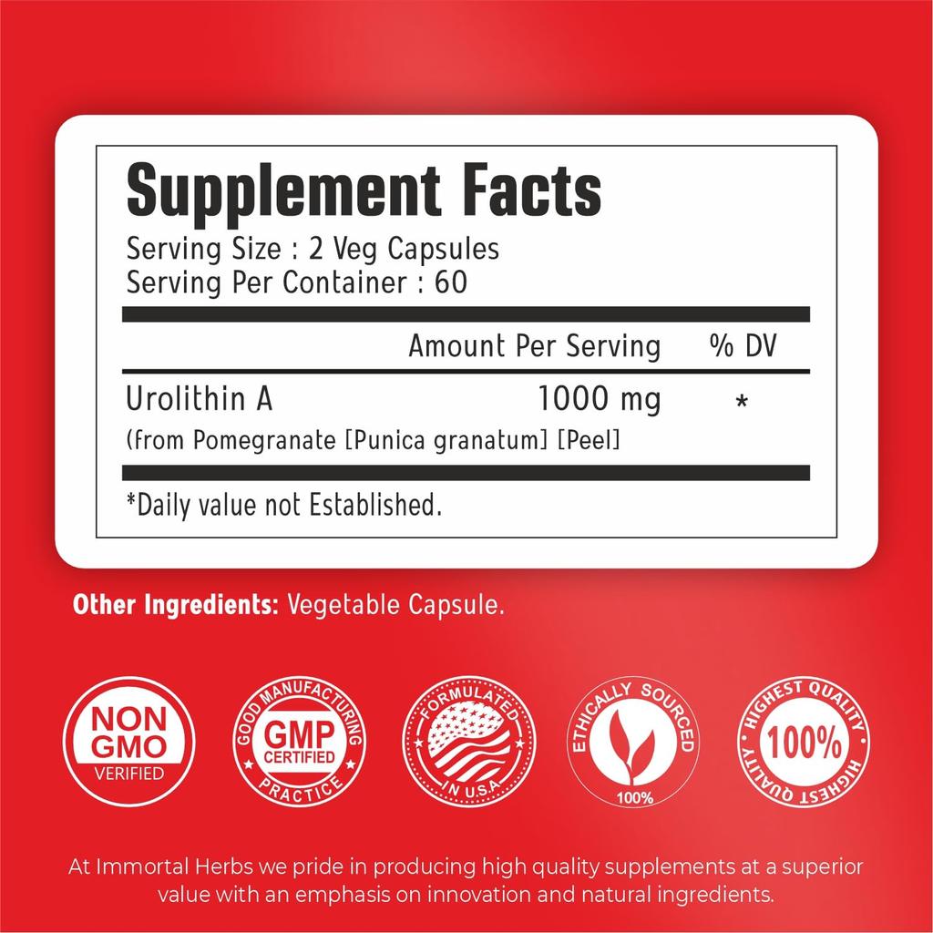 Immortal Herbs Urolithin A Nahrungsergänzungsmittel 1000mg, 120 Kapseln, Mitochondriale & Antioxidative Unterstützung, Gentechnikfrei und Glutenfrei Urolithin A+ Nahrungsergänzungsmittel für