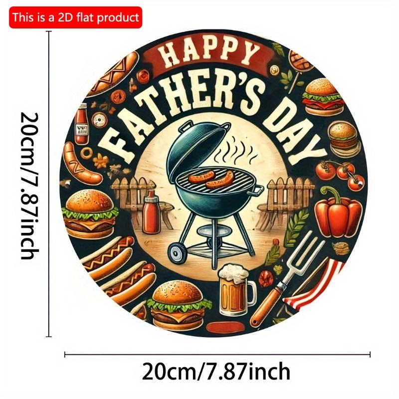 2d Flat 20*20cm, Vintage BBQ Themed Round Wooden Sign, "Happy Father's Day" Design with Grilling Illustrations, Perfect for Home, Cafe, Restaurant.