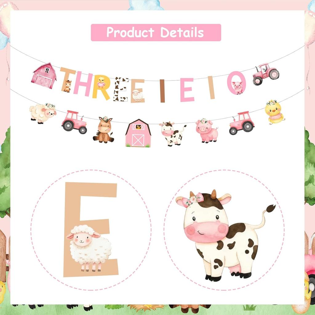 Cheereveal Pink Farm 3rd Birthday Decorations, THREE I E I O Farm Animals Banner, Farmhouse Barnyard Bunting Hanging Garland for THREE Year Old Bday