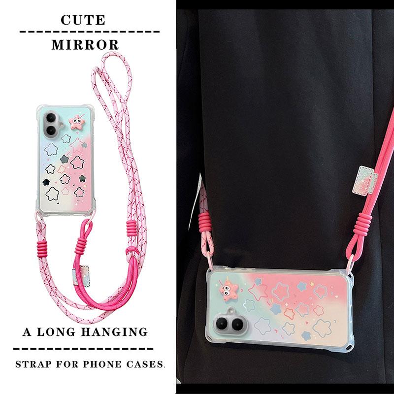 KEYSION Crossbody Strap Phone Case for Infinix Smart 10 Cute Cartoon Long Lanyard Mirror Shockproof Cover for TECNO Spark Go 2 Pop 10