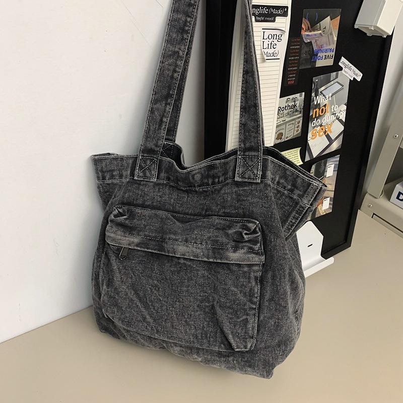 Classic Denim Tote Bag for Women – Lightweight & Durable with Front Zip Pocket, Perfect for Everyday Use