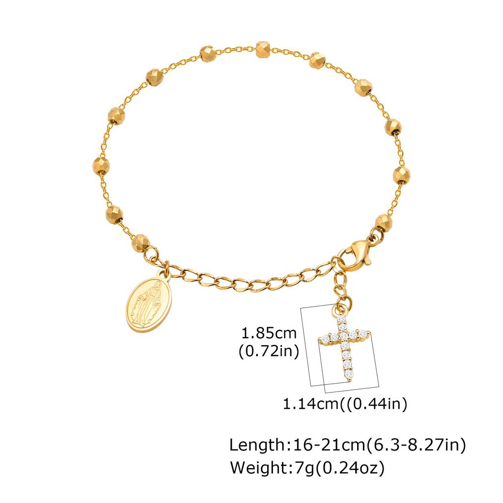 Charme Zirkonia Kreuz Rosenkranz Armband für Damen, Edelstahl Maria Verstellbares Glied, Religiöser Schmuck Geschenk