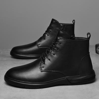 Autumn Winter Men Motorcycle Boots Versatile Round-toe Casual Ankle Boots Genuine Leather High Top Shoes Winter Plush Snow Botas