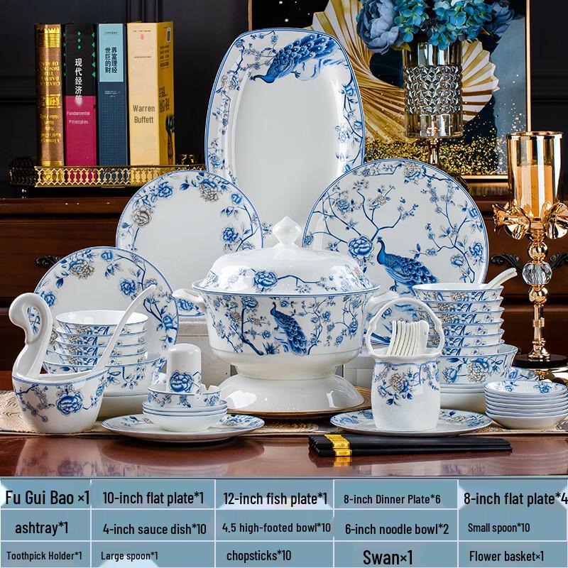 Jingdezhen Blue and White Porcelain Peacock 60-Piece Dinnerware Set