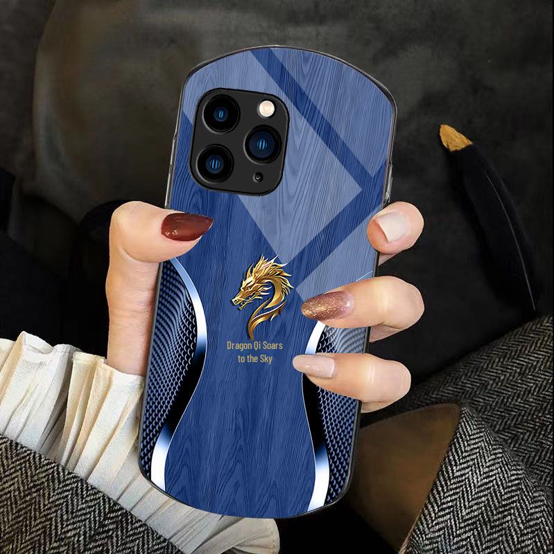 Holzmaserung iPhone XR Blue Dragon Glass Case für Apple 15 Pro, 14 Max, 13 und 11.