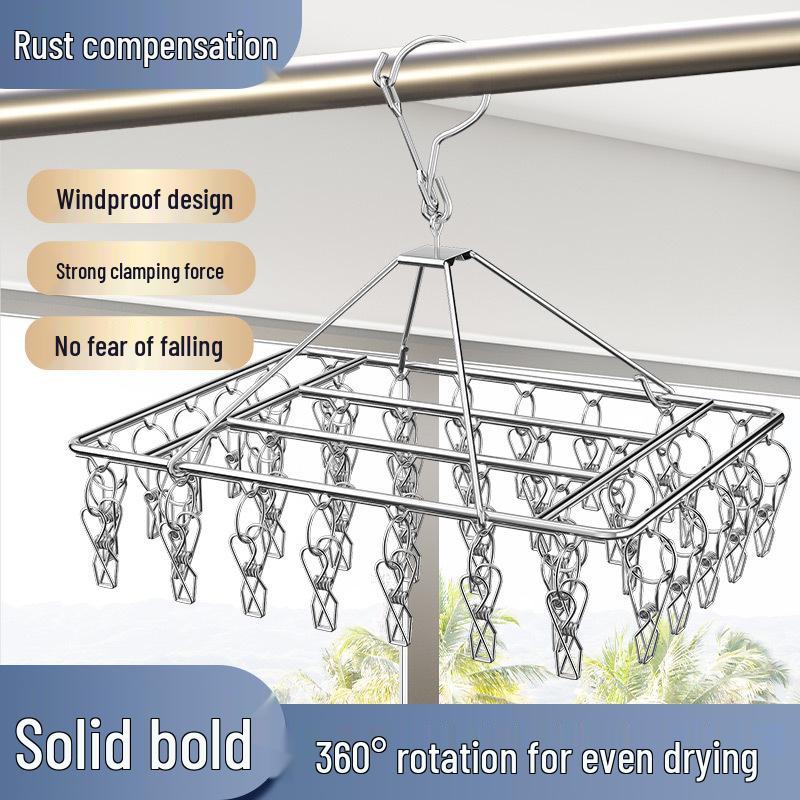 Stainless Steel Multifunctional Windproof Sock and Clothes Hanger with Clips for Home and Dorm Use.