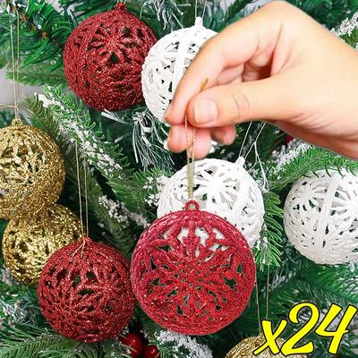 6/24 STÜCKE Weihnachtskugel-Ornamente Ausgehöhlt Weihnachtsbaum Hängeanhänger Rot Gold Kinder Glitzer-Spielzeug Heim Neujahrsparty Dekoration