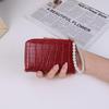 Women's Korean Style Short Wallet with Pearl Chain, Stone Texture, Card Slots, and Money Clip