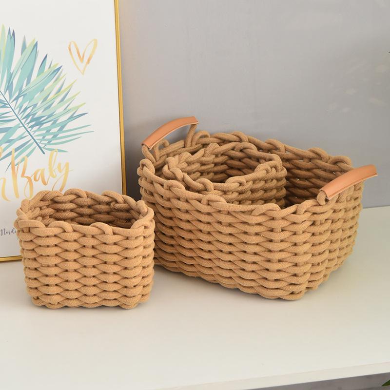 Cotton Rope Woven Storage Basket Platter Tabletop for Home Bathroom Cosmetics Storage Sundries Organizer