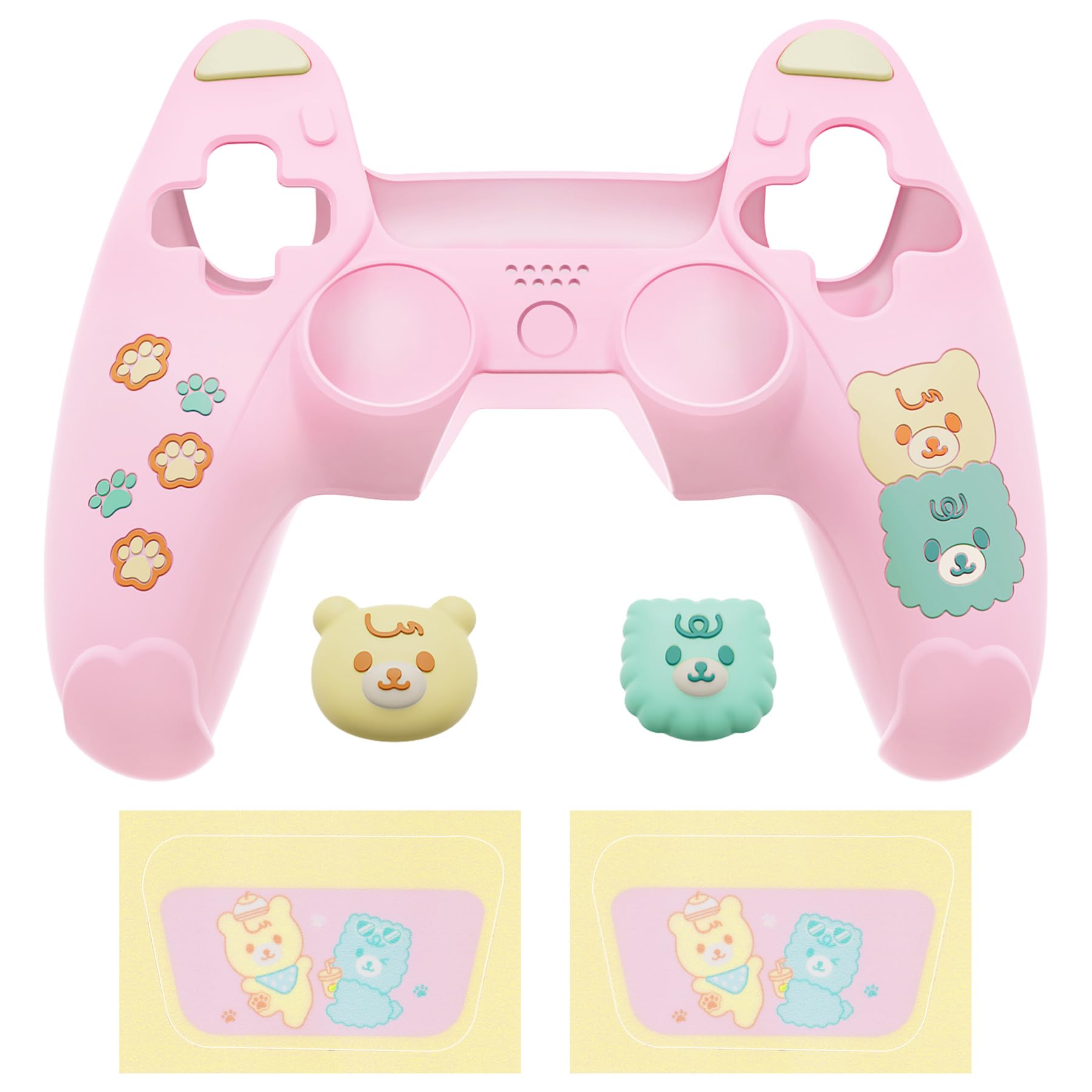 

Silicone cover compatible with PlayVital ps5 compatible with charging station with cute bear style cover thumbstick cap cover touch pad sticker