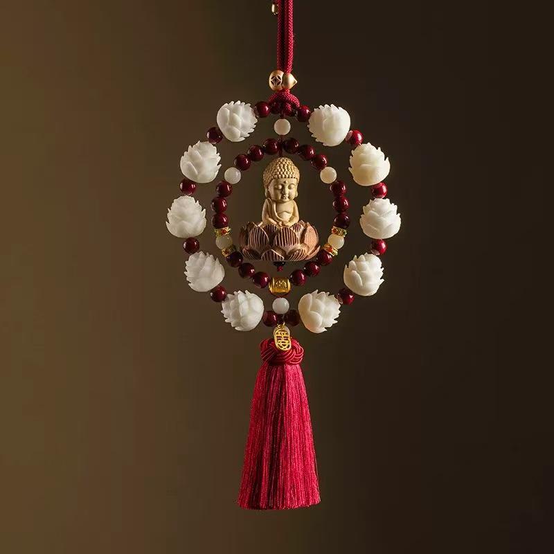 Lotus Boxwood Bead Buddha Pendant: Premium Rearview Mirror Car Interior Ornament