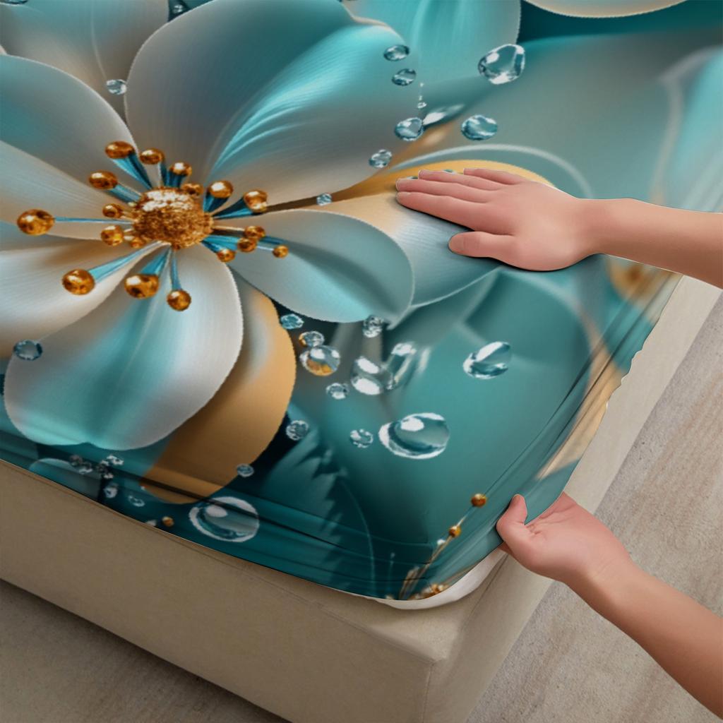 Floral Flat Sheet Sets 3D Printed Droplet Luxury Home Decoration For Girls Adult 3pcs Fitted Sheet With 2Pillowcases