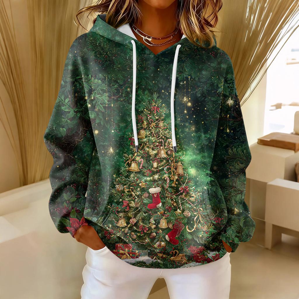 Women's Loose Comfortable Casual Fashion V-Neck Christmas Print Long Sleeve Hoodie
