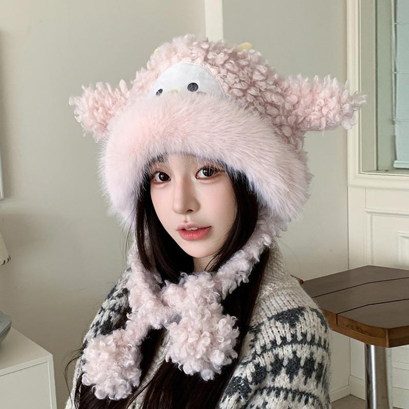 Winter Plush Cartoon Sheep Beanie Hat With Ear Protection For Girls And Kids