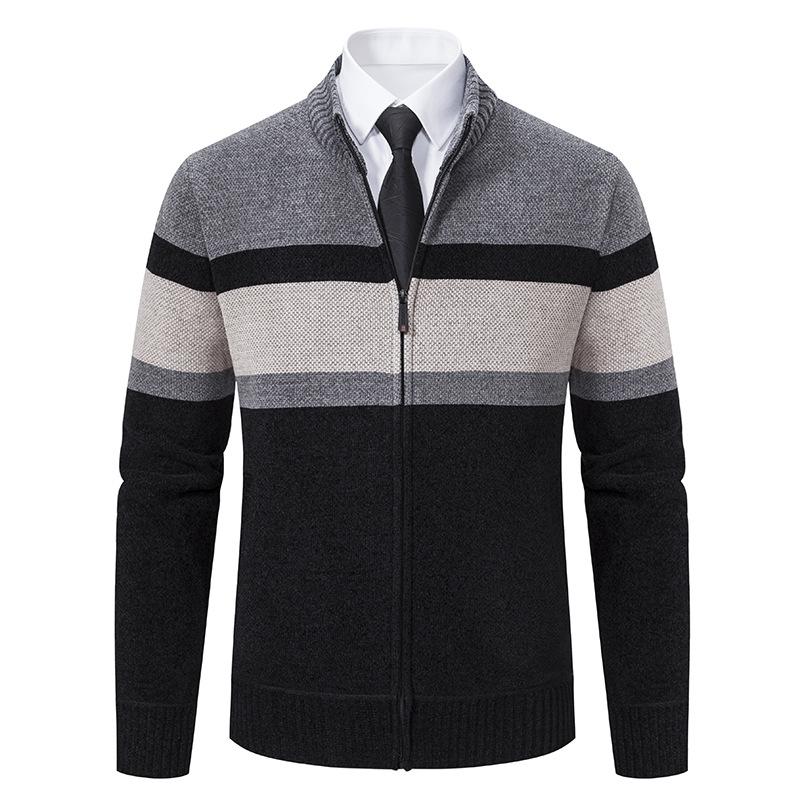 Men's Color Matching Stand-up Collar Men's Jacket Winter Velvet Youth Knitted Warm Jacket