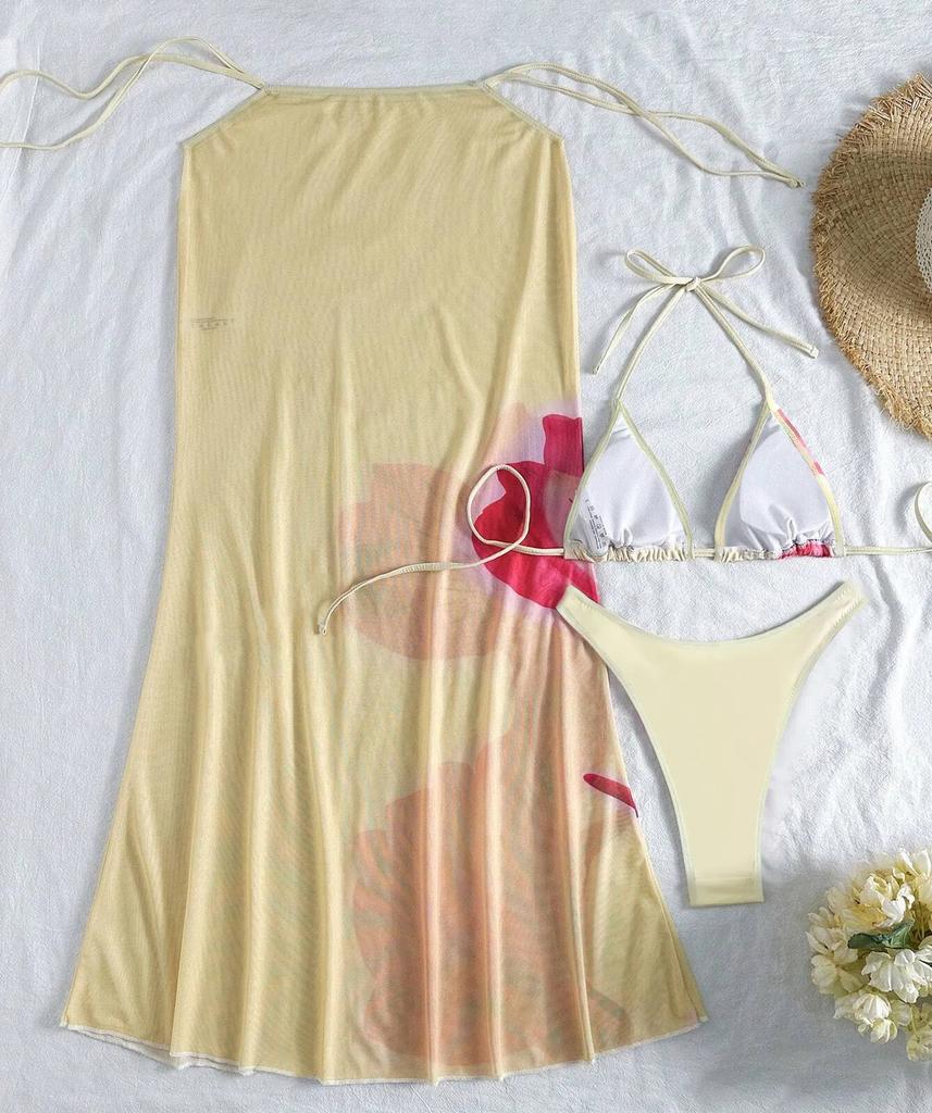 Women's Swimwear Printed Halter Neck Side Long Blouse Bikini Suit Three-piece Beachwear Bathing Suits