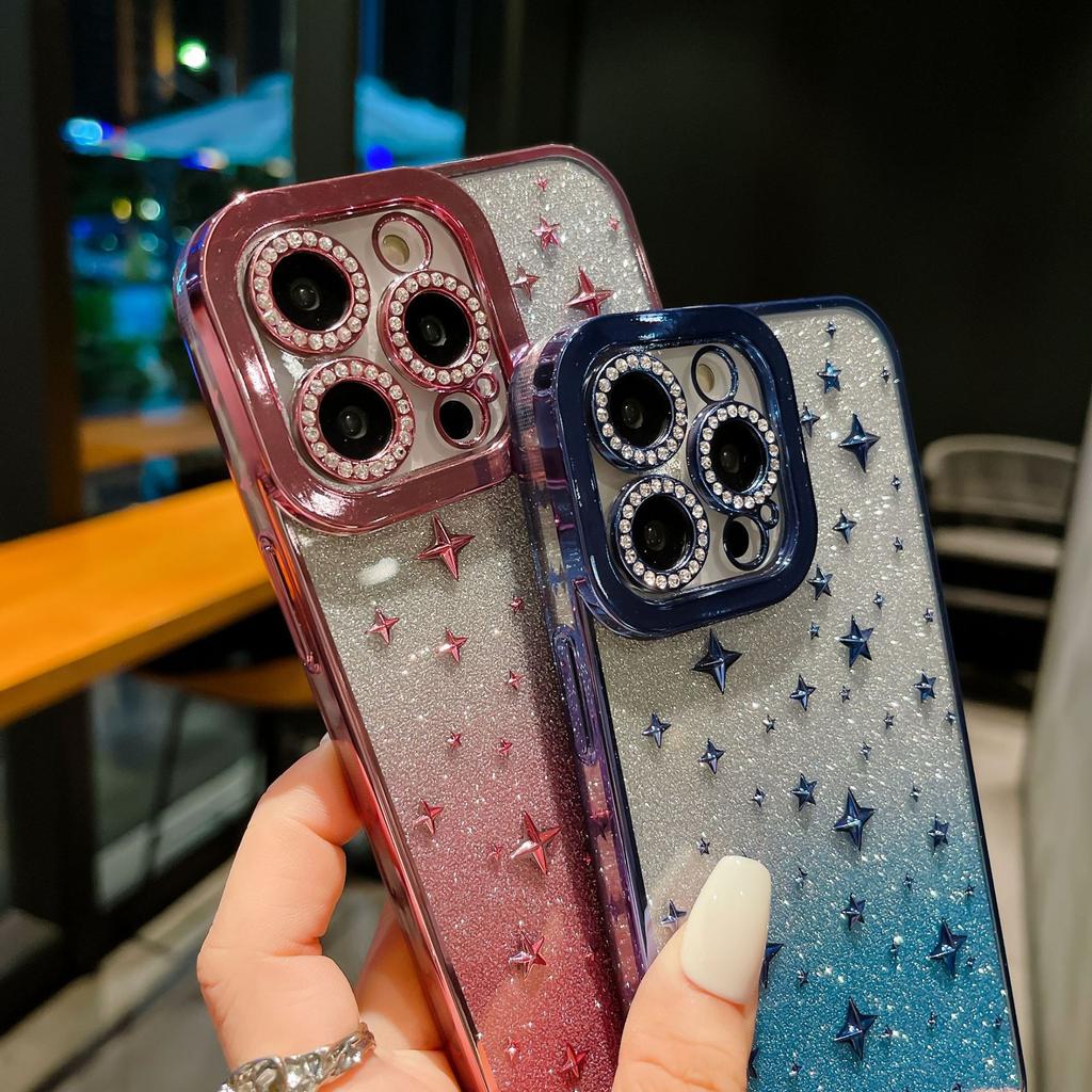Suitable for IPhone14 with Gradient Glitter and Diamond-encrusted Lens Phone Case, Apple 15 3D Complex TPU Protective Case 13pro