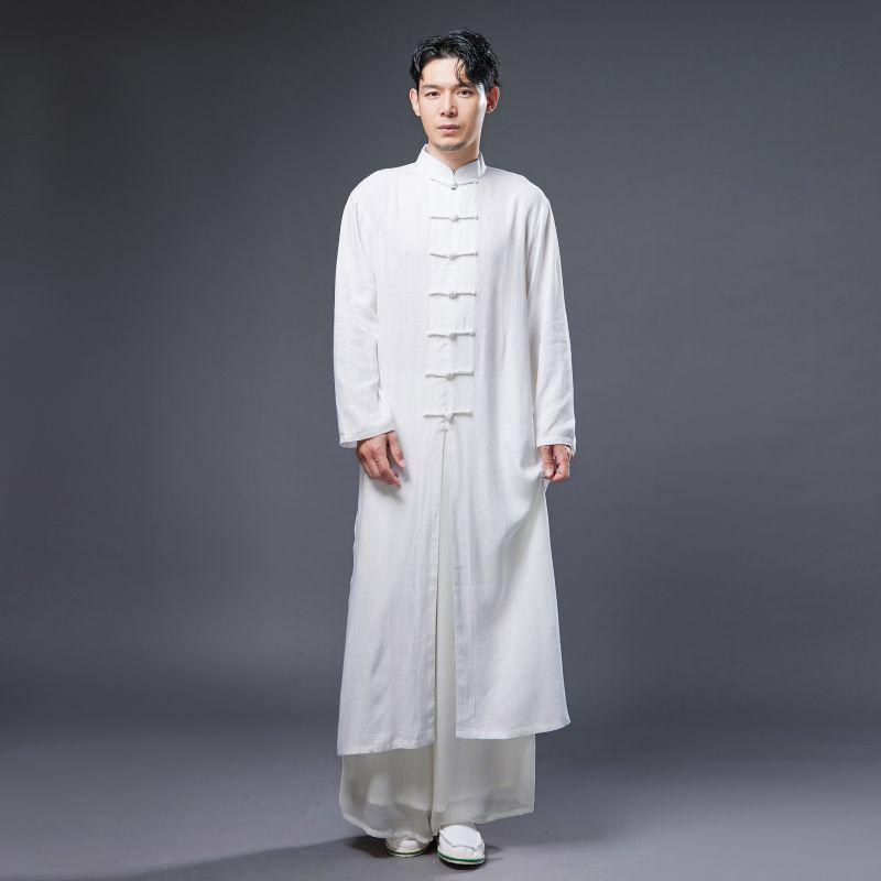 Men's Ethnic Long Sleeve Cotton Linen Robe with Stand Collar and Frog Buttons