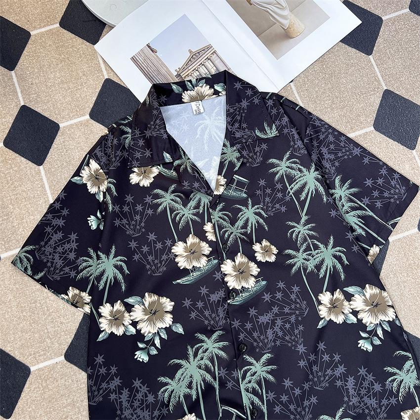 Hawaiian Coconut Full Printed Floral Ice Silk Short Sleeve Shirt Men's Summer Fashion Brand Loose Vacation Style Beach Shirt