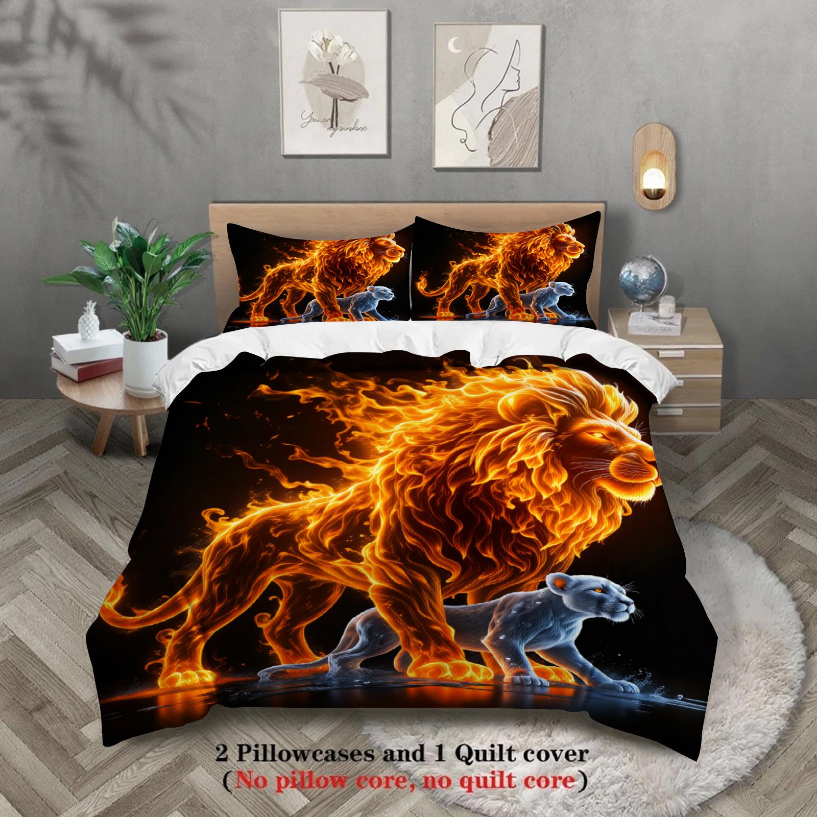 

3pcs Lion And Panther Bedding Sets 3D Printed Fire Animal Duvet Cover Sets With Pillowcases No Filling Single Twin Full Size EU Double(200x200cm)