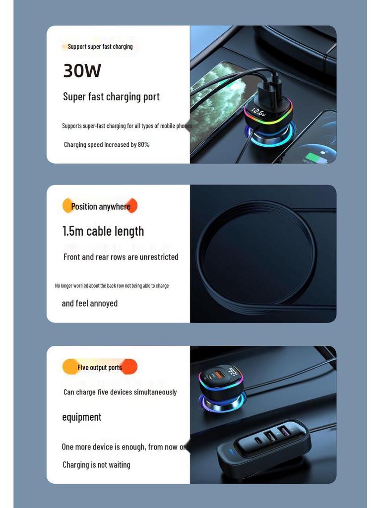 Super Fast Multifunctional Rear Seat Car Charger with PD Multi-Port Cable