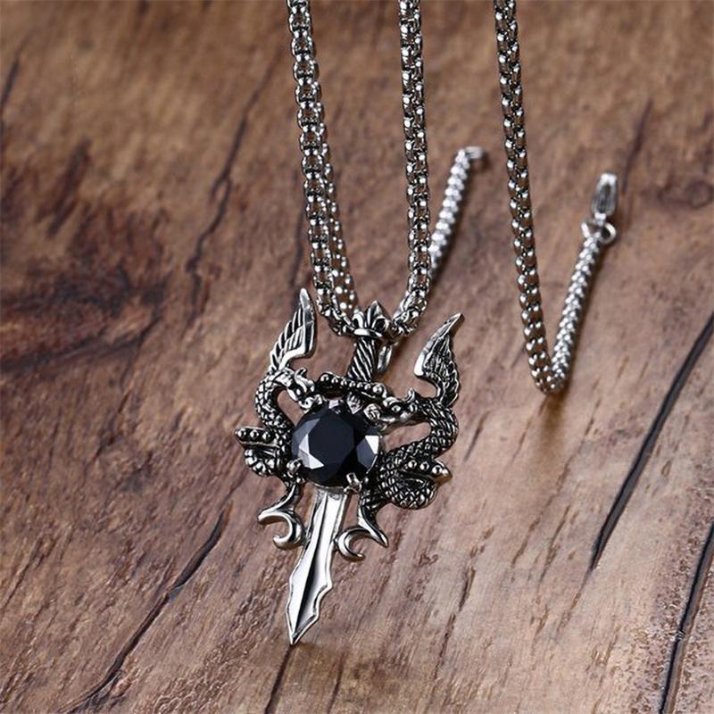 Gothic Retro Rhinestone Cross Dragon Sword Pendant ins Hip-Hop Men's Fashion Personality Versatile Necklace Jewelry Accessories