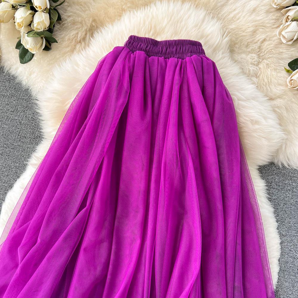 Spring And Summer Pure Color Mesh Pleated Skirt Medium Length Classic Loose And Thin Versatile High Waist Skirt