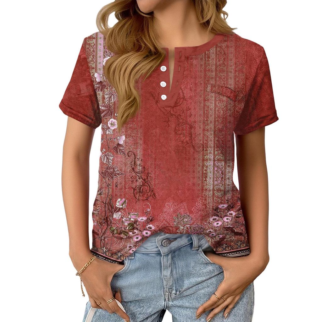 Damska Modna Casualowa Letnia Retro Nadruk Dekolt V Guziki Krótki Rękaw Góra