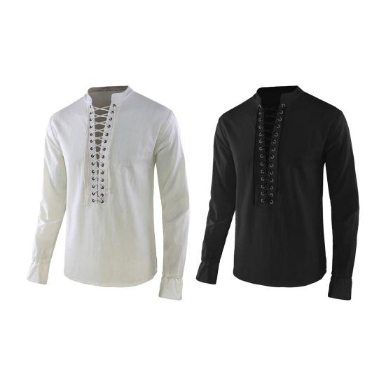 Spring Autumn Men Shirt Lace-up Stand Collar Long Sleeves Solid Color Loose Retro Medieval Mid Length Casual Cosplay Performance Top