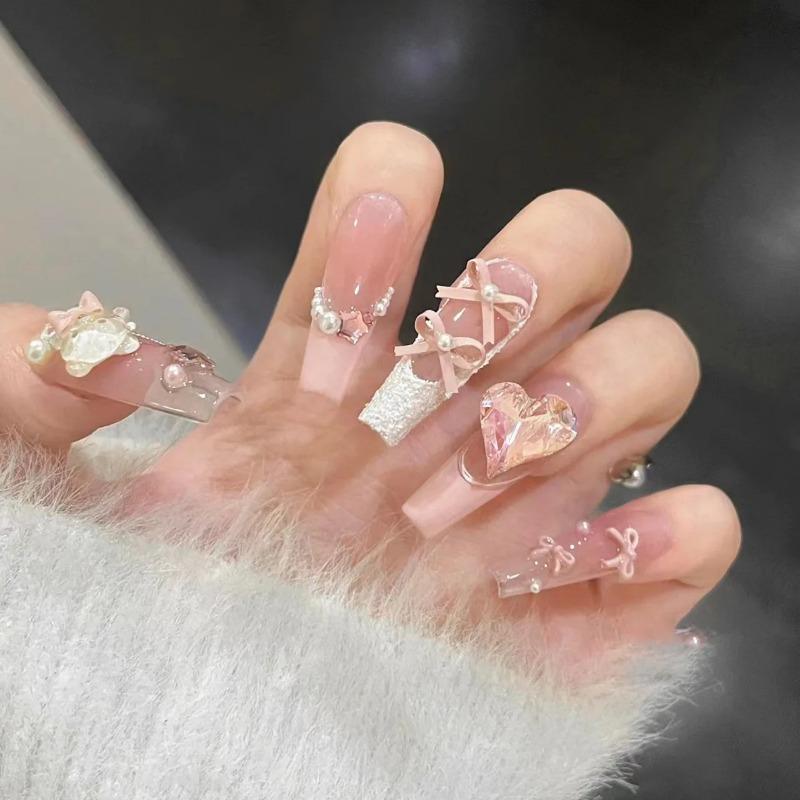 10Pcs Shiny Handmade Press On Nails Full Cover Bowknot  Design Elegant Coffin Fake Nails  Artificial Manicure Wearable Nail Tips