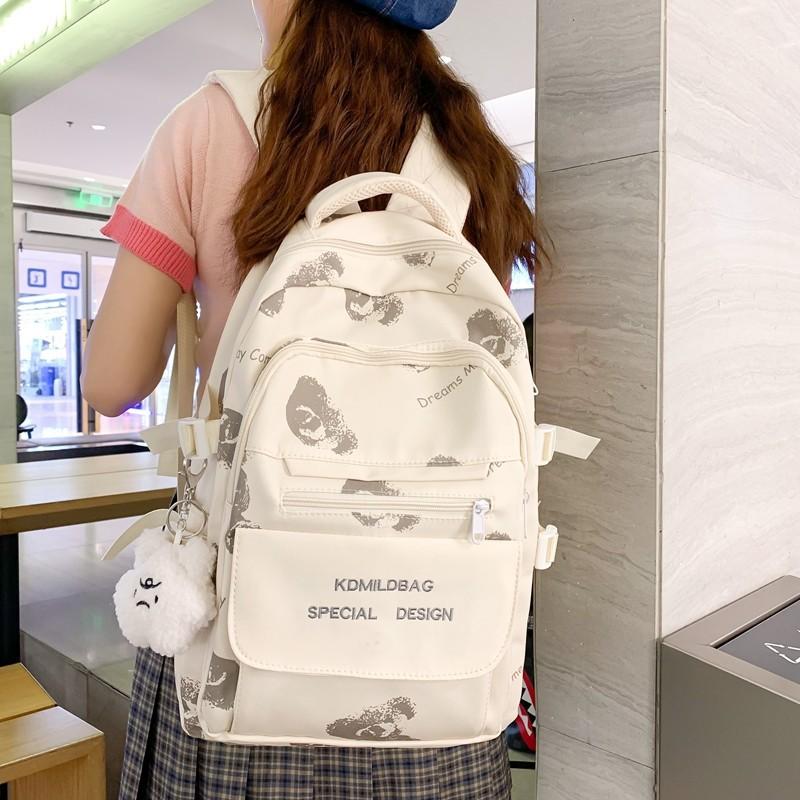 Schoolbag Korean version ins schoolbag female college student cute bear print backpack high school junior high school student large capacity backpack